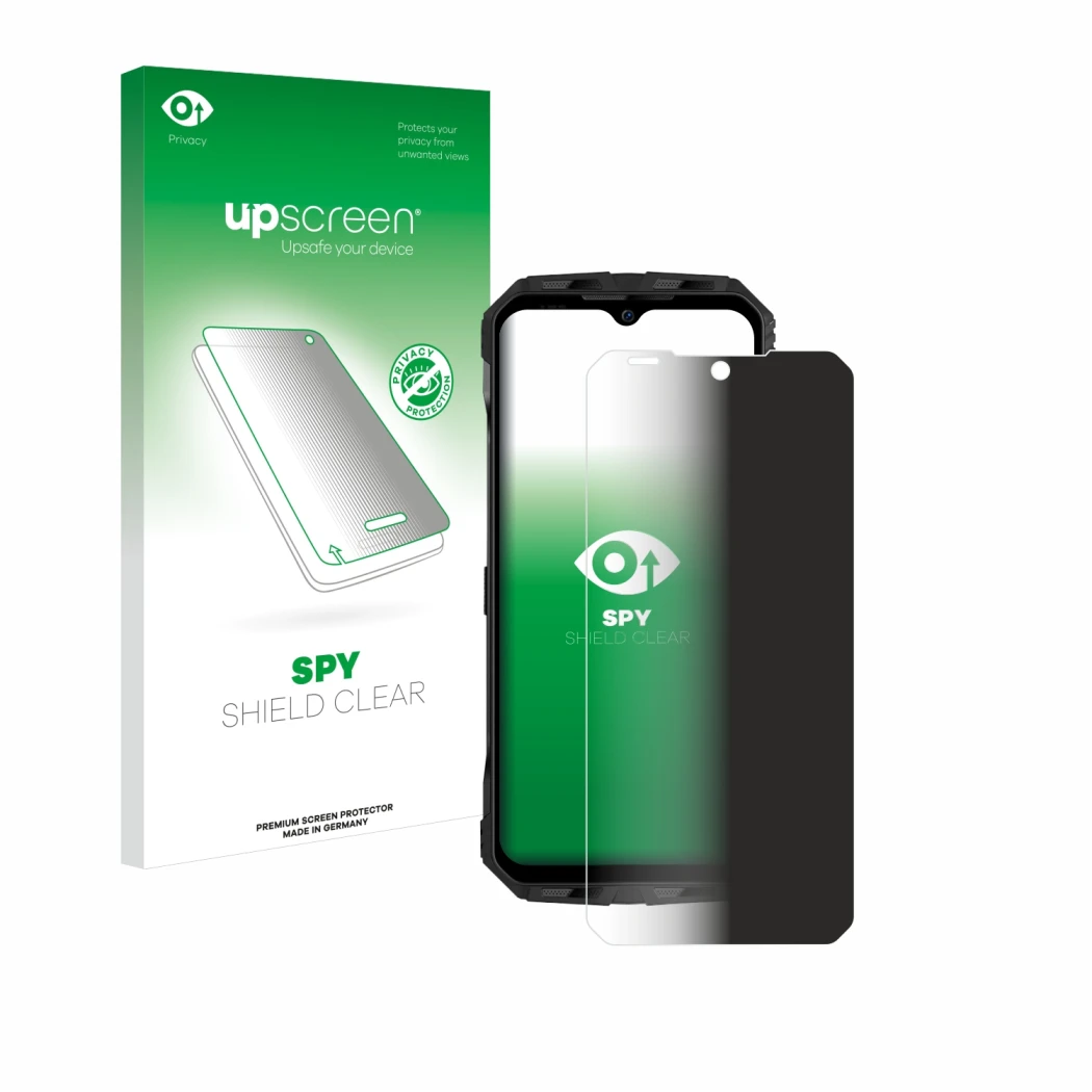 Face avant d’un emballage produit avec le logo de la marque upscreen. À côté, l’appareil Doogee V Max Plus est représenté avec