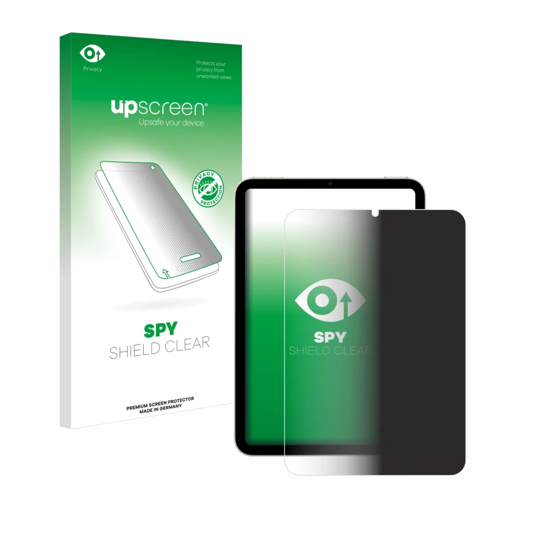 Face avant d’un emballage produit avec le logo de la marque upscreen. À côté, l’appareil Apple iPad Mini 7 WiFi 2024 est repré