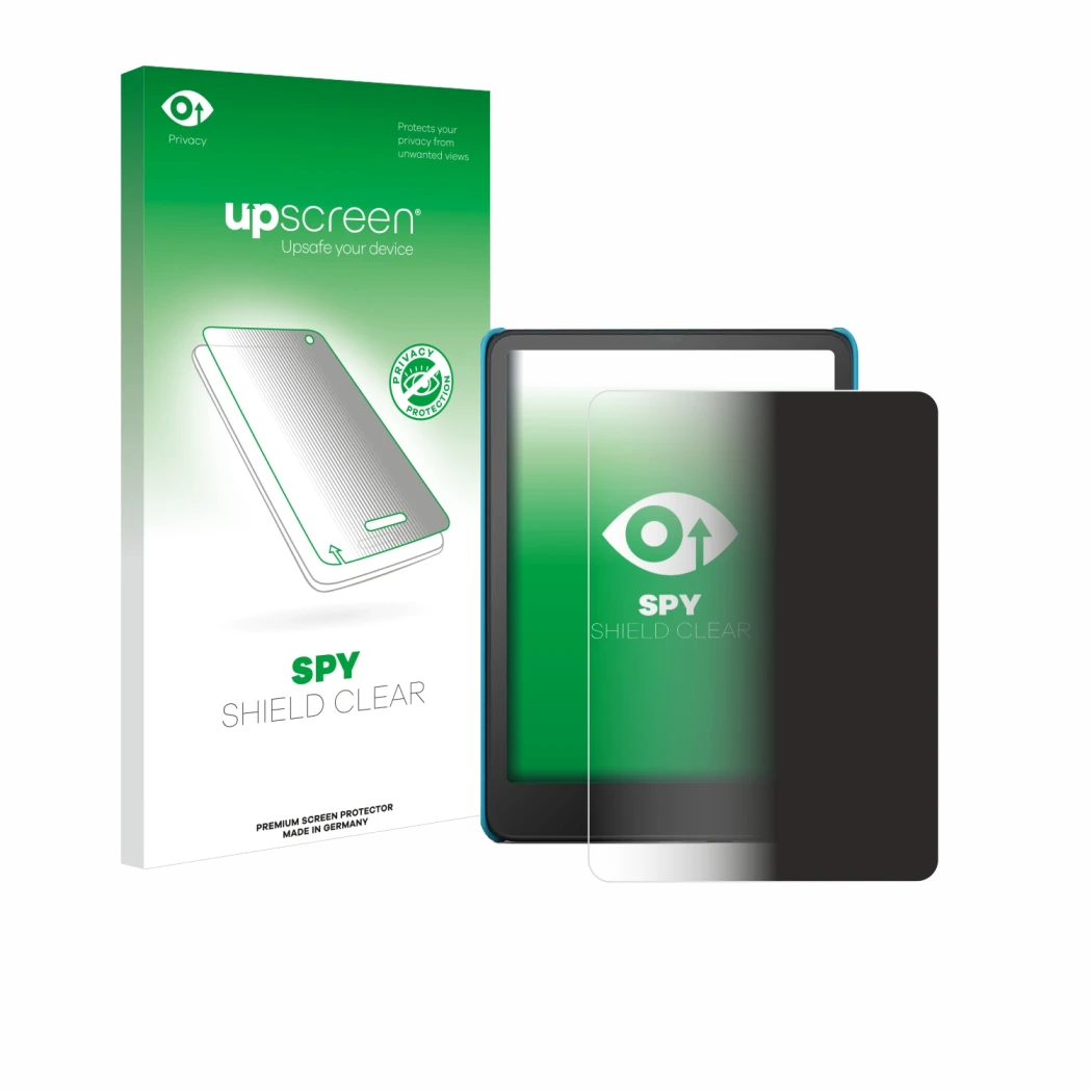 Face avant d’un emballage produit avec le logo de la marque upscreen. À côté, l’appareil Amazon Kindle Paperwhite Kids 2024 es