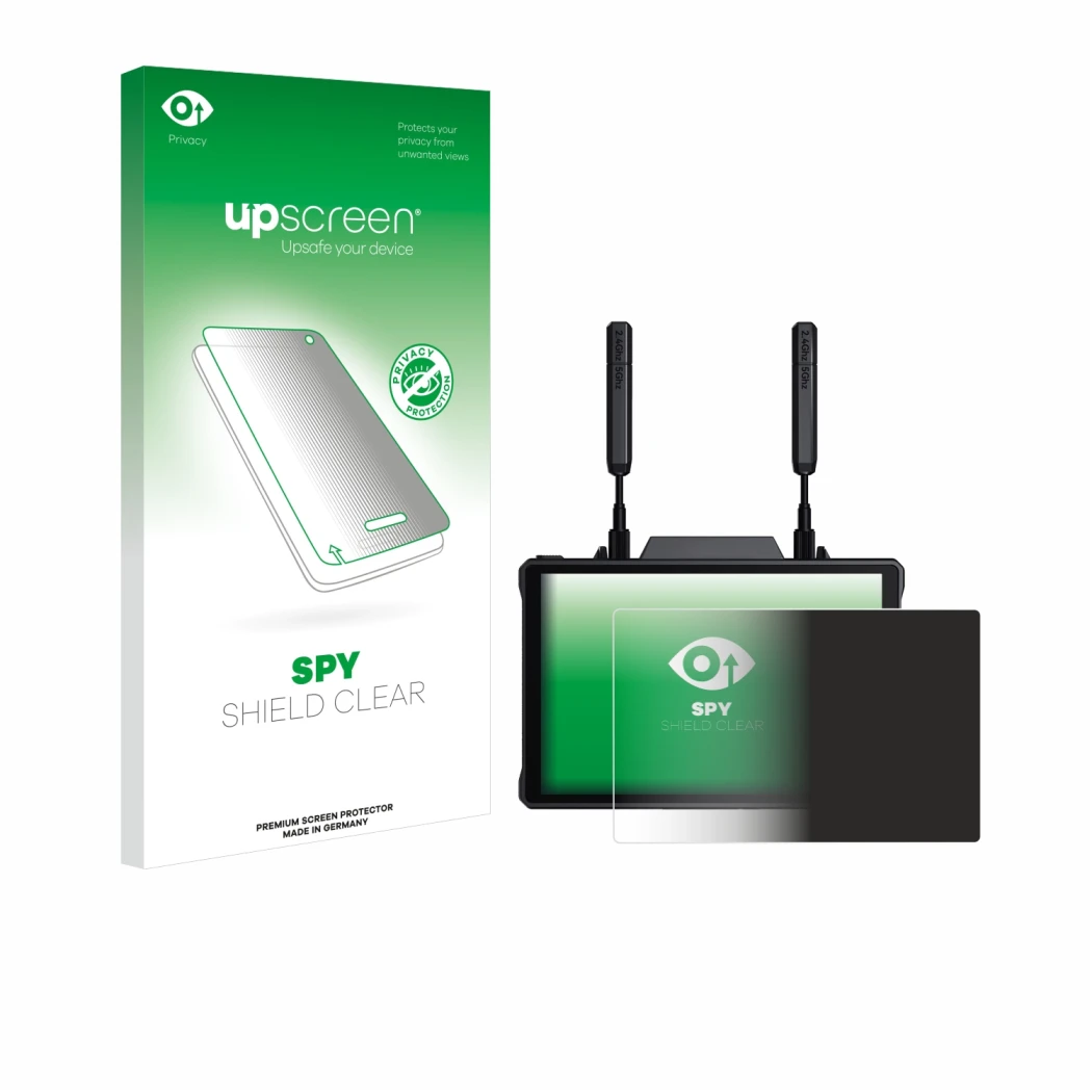 Face avant d’un emballage produit avec le logo de la marque upscreen. À côté, l’appareil Hollyland Pyro 7 est représenté avec 