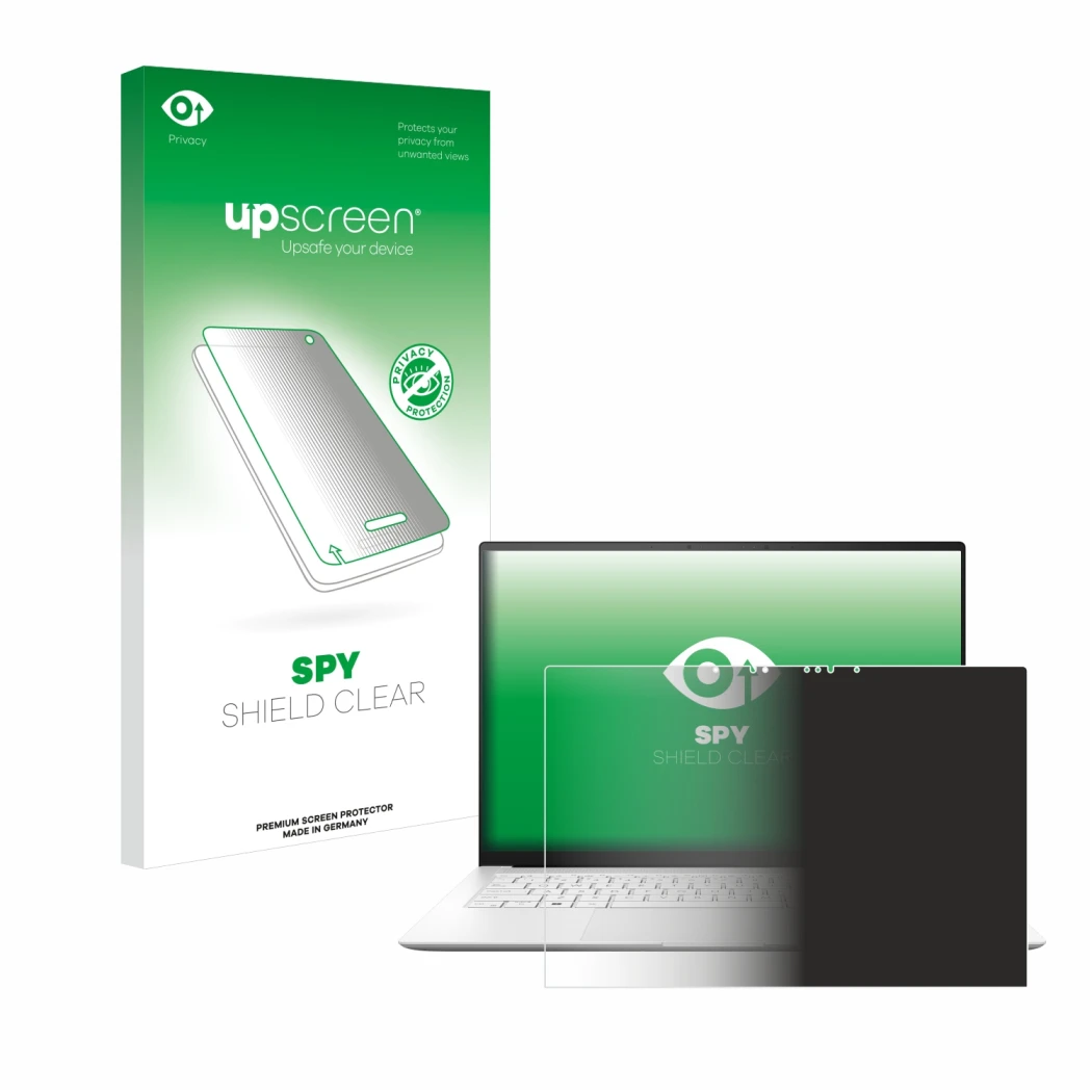 Face avant d’un emballage produit avec le logo de la marque upscreen. À côté, l’appareil ASUS ZenBook S 14 UX5406 est représen