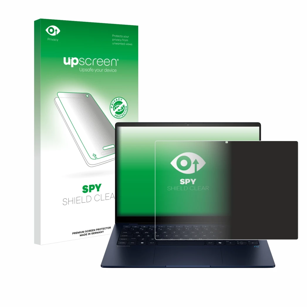 Face avant d’un emballage produit avec le logo de la marque upscreen. À côté, l’appareil HP EliteBook Ultra 14 G1q est représe