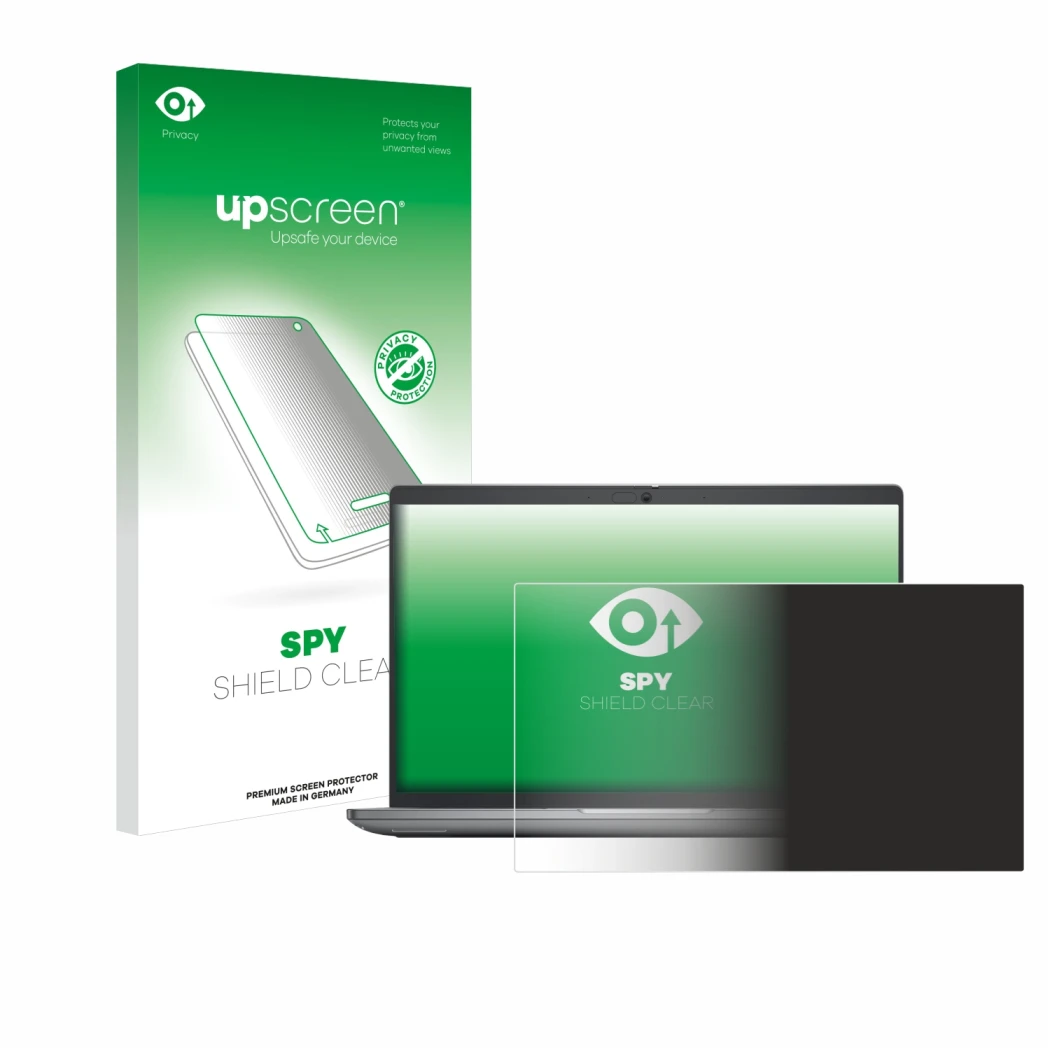 Face avant d’un emballage produit avec le logo de la marque upscreen. À côté, l’appareil Dell Latitude 5450 Laptop 14