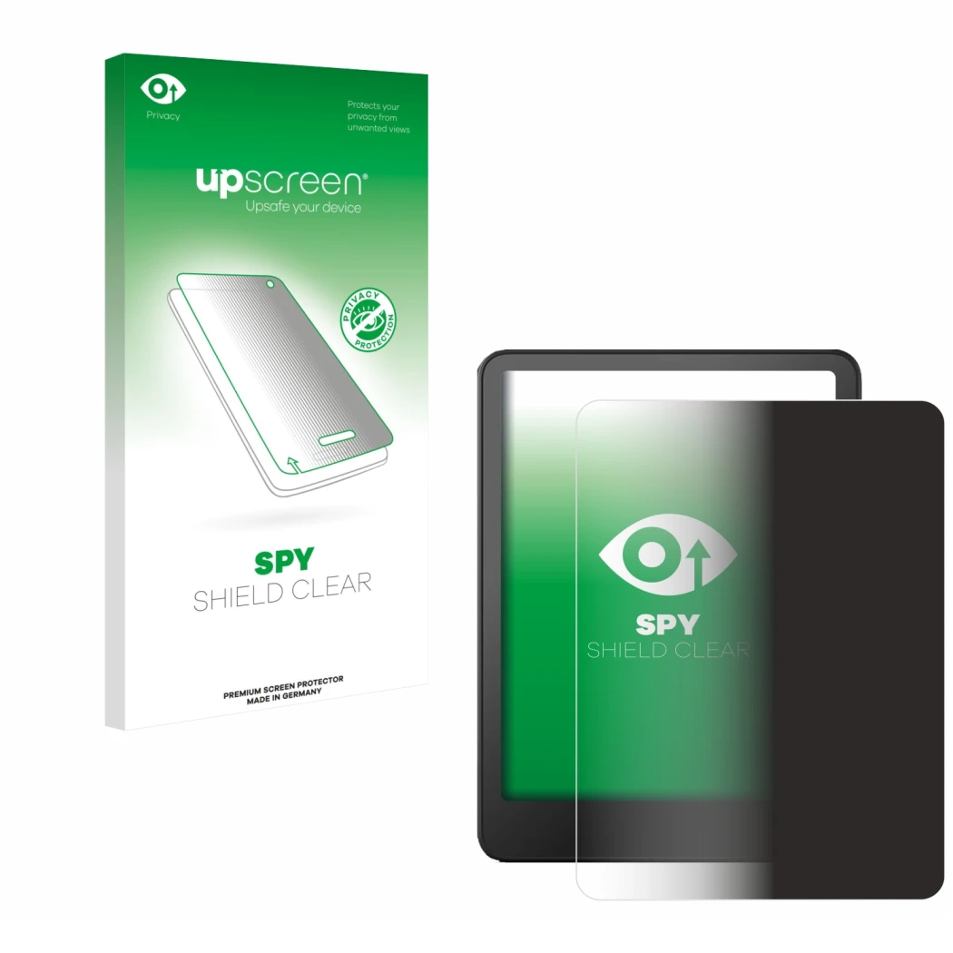Face avant d’un emballage produit avec le logo de la marque upscreen. À côté, l’appareil Amazon Kindle Paperwhite 2024 (12. Ge
