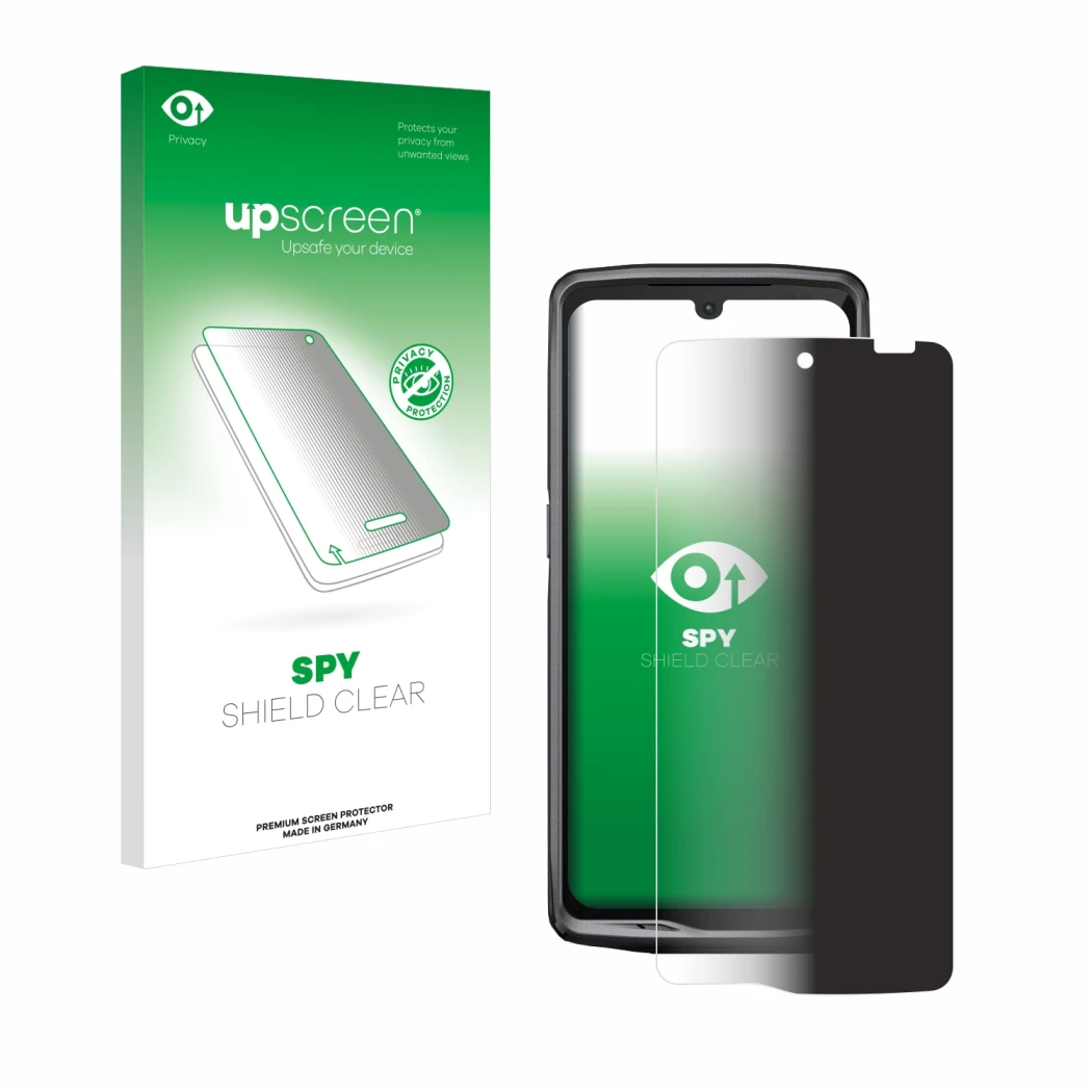 Face avant d’un emballage produit avec le logo de la marque upscreen. À côté, l’appareil Crosscall Stellar M6E est représenté 