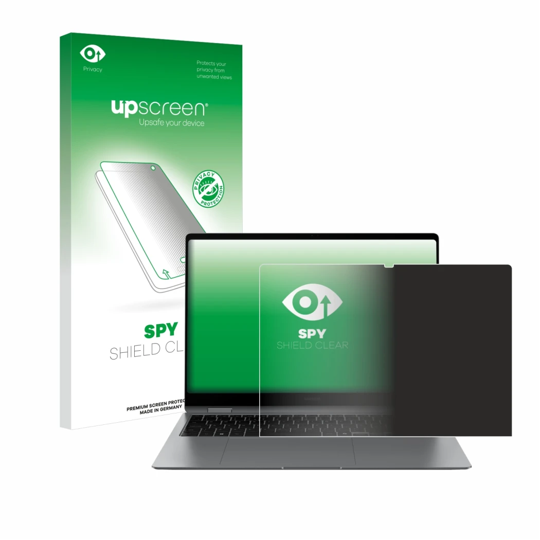 Face avant d’un emballage produit avec le logo de la marque upscreen. À côté, l’appareil Samsung Galaxy Book5 Pro 360 16