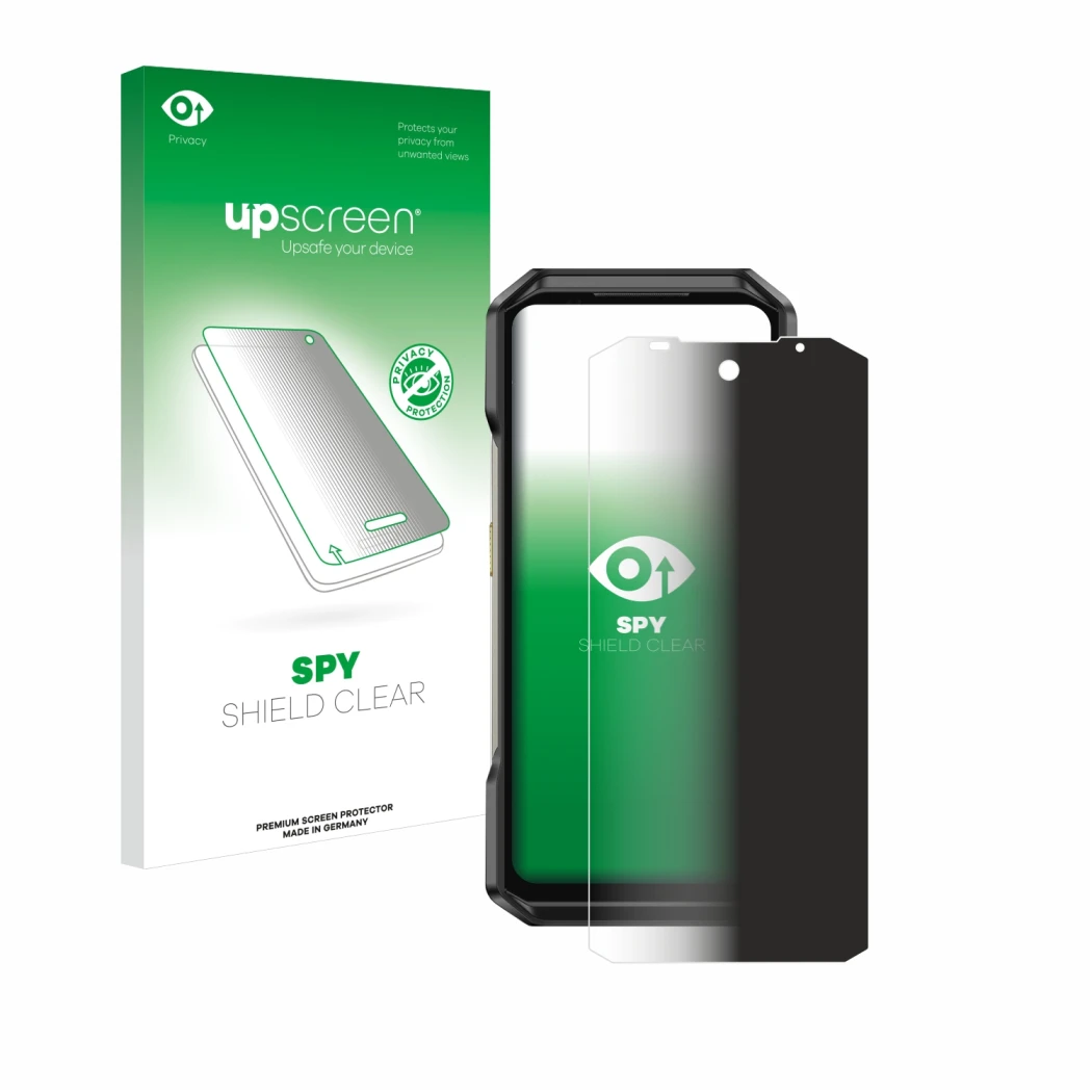 Face avant d’un emballage produit avec le logo de la marque upscreen. À côté, l’appareil Ulefone Armor 27 est représenté avec