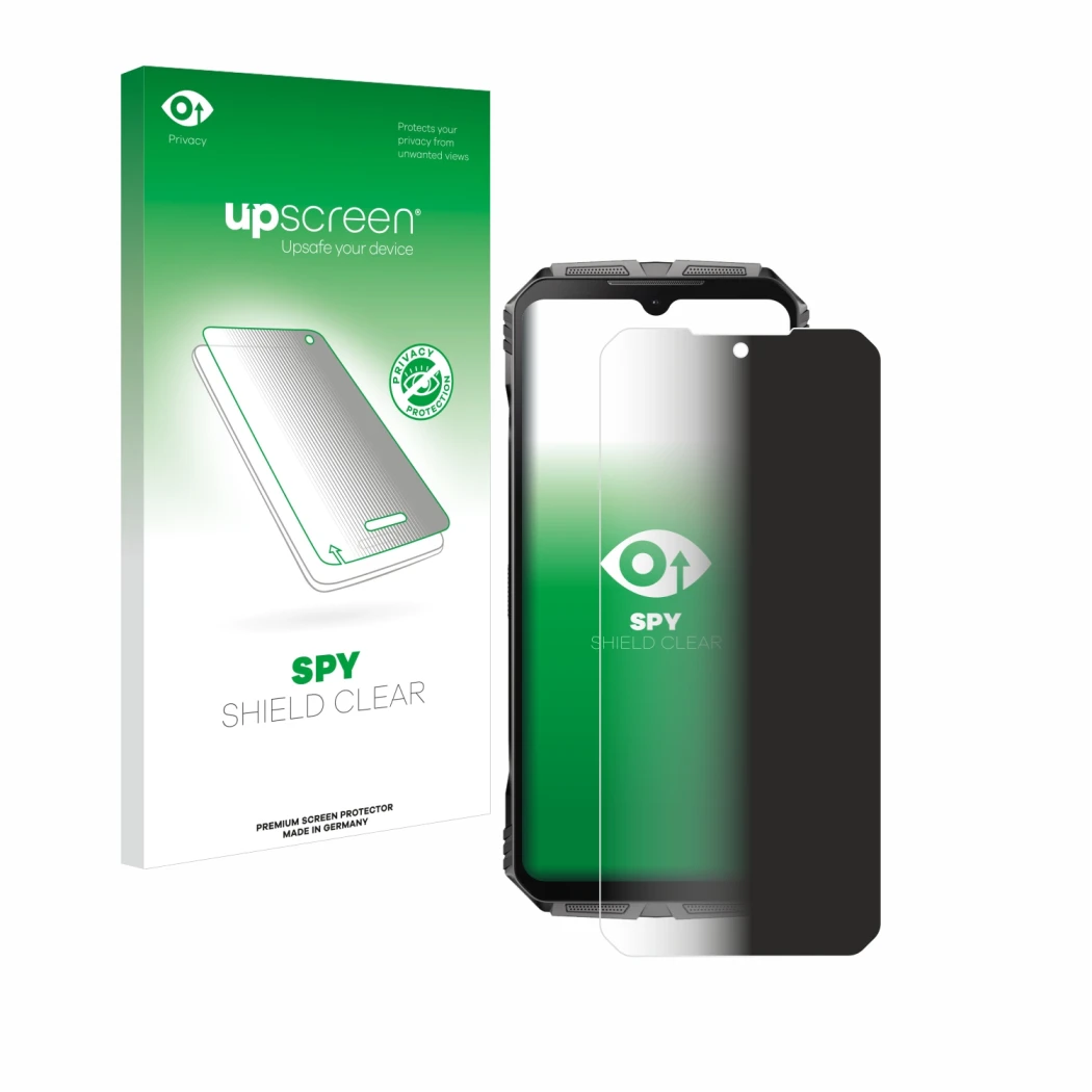 Face avant d’un emballage produit avec le logo de la marque upscreen. À côté, l’appareil Doogee S Cyber est représenté avec la