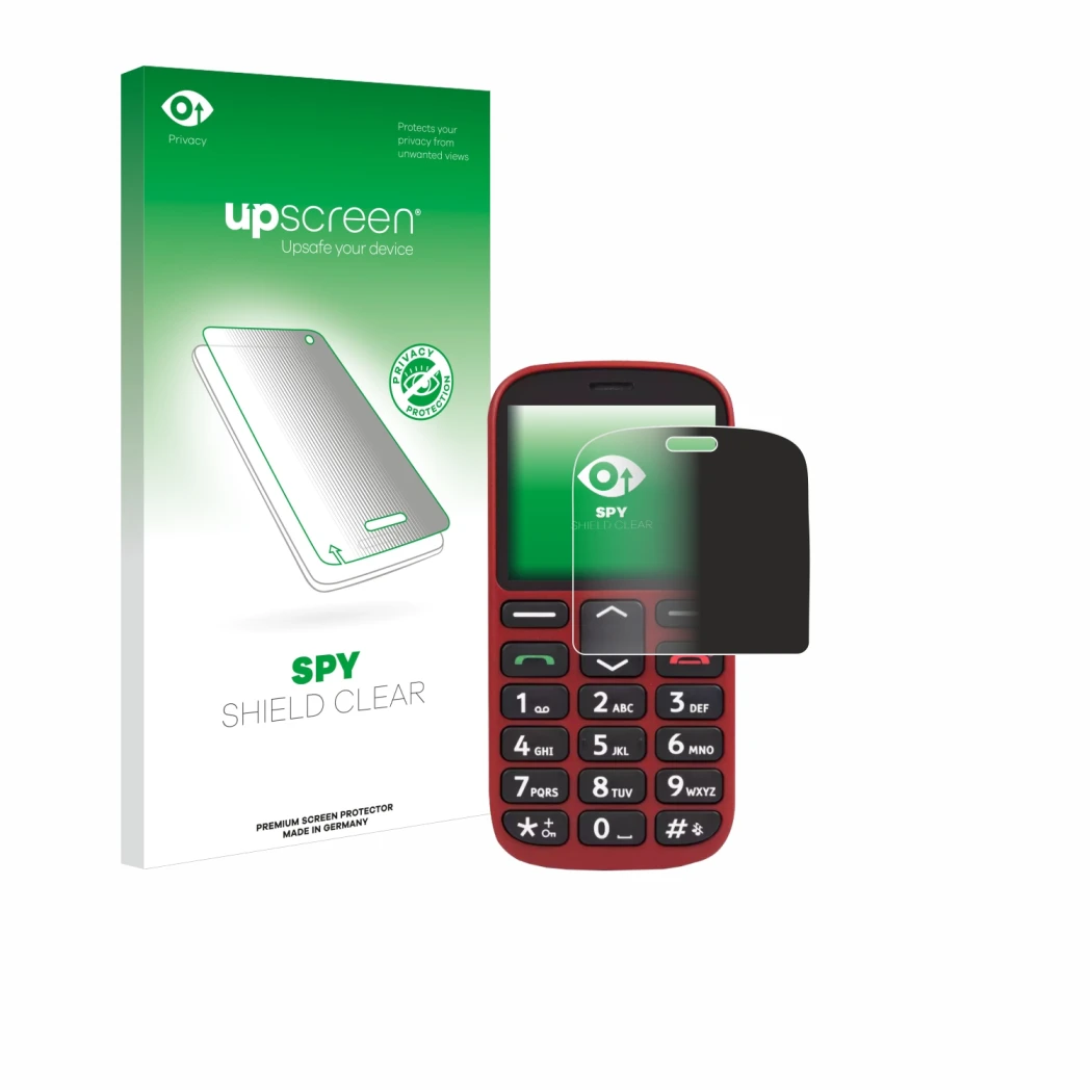 Face avant d’un emballage produit avec le logo de la marque upscreen. À côté, l’appareil Doro 1360 est représenté avec la prot