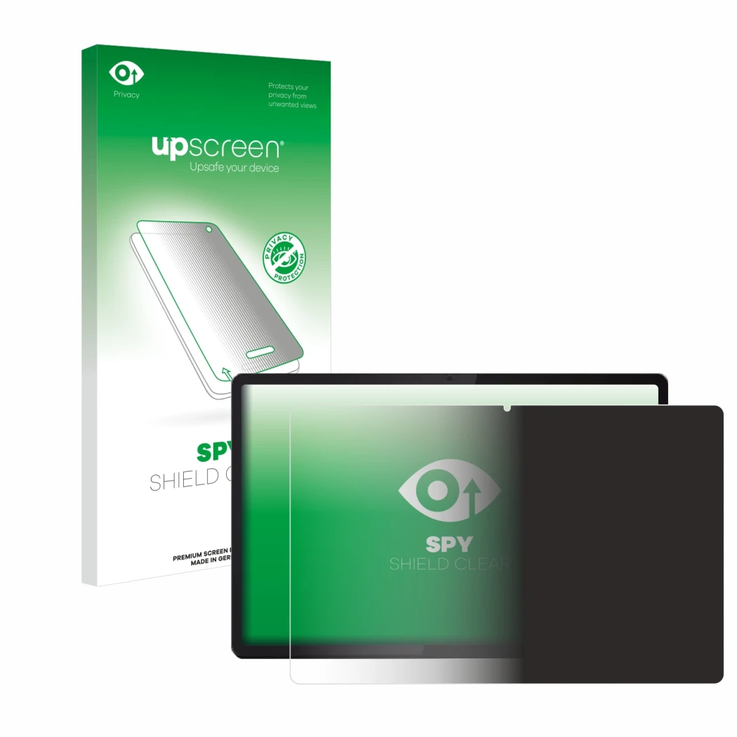 Face avant d’un emballage produit avec le logo de la marque upscreen. À côté, l’appareil Lenovo Idea Tab Pro 12.7