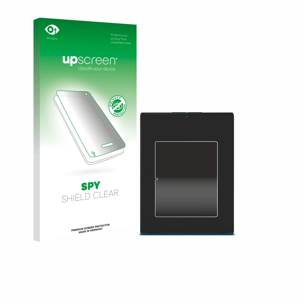 Face avant d’un emballage produit avec le logo de la marque upscreen. À côté, l’appareil Lenovo Yoga Slim 9i Gen 10 14