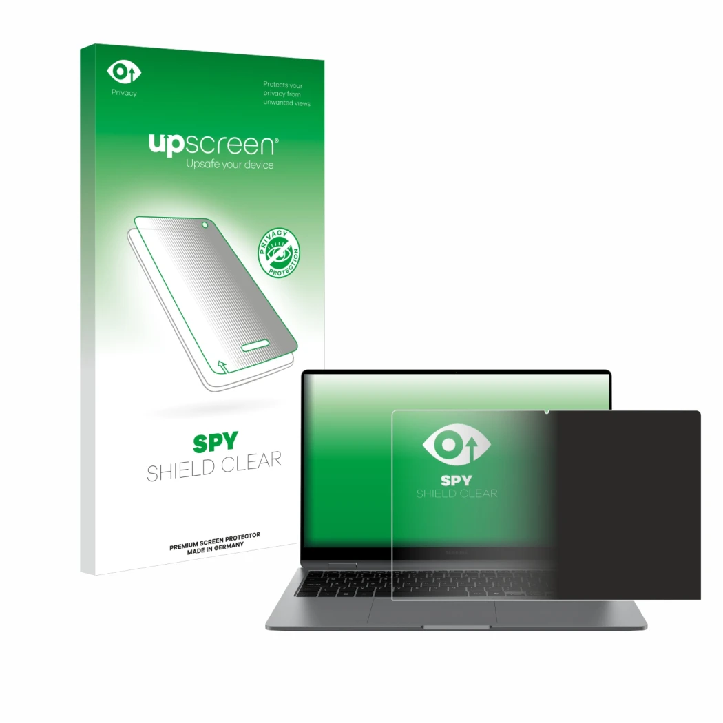 Face avant d’un emballage produit avec le logo de la marque upscreen. À côté, l’appareil Samsung Galaxy Book5 360 15.6