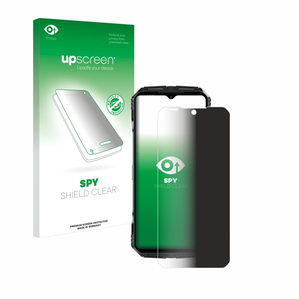 Face avant d’un emballage produit avec le logo de la marque upscreen. À côté, l’appareil Doogee S118 Pro est représenté avec l