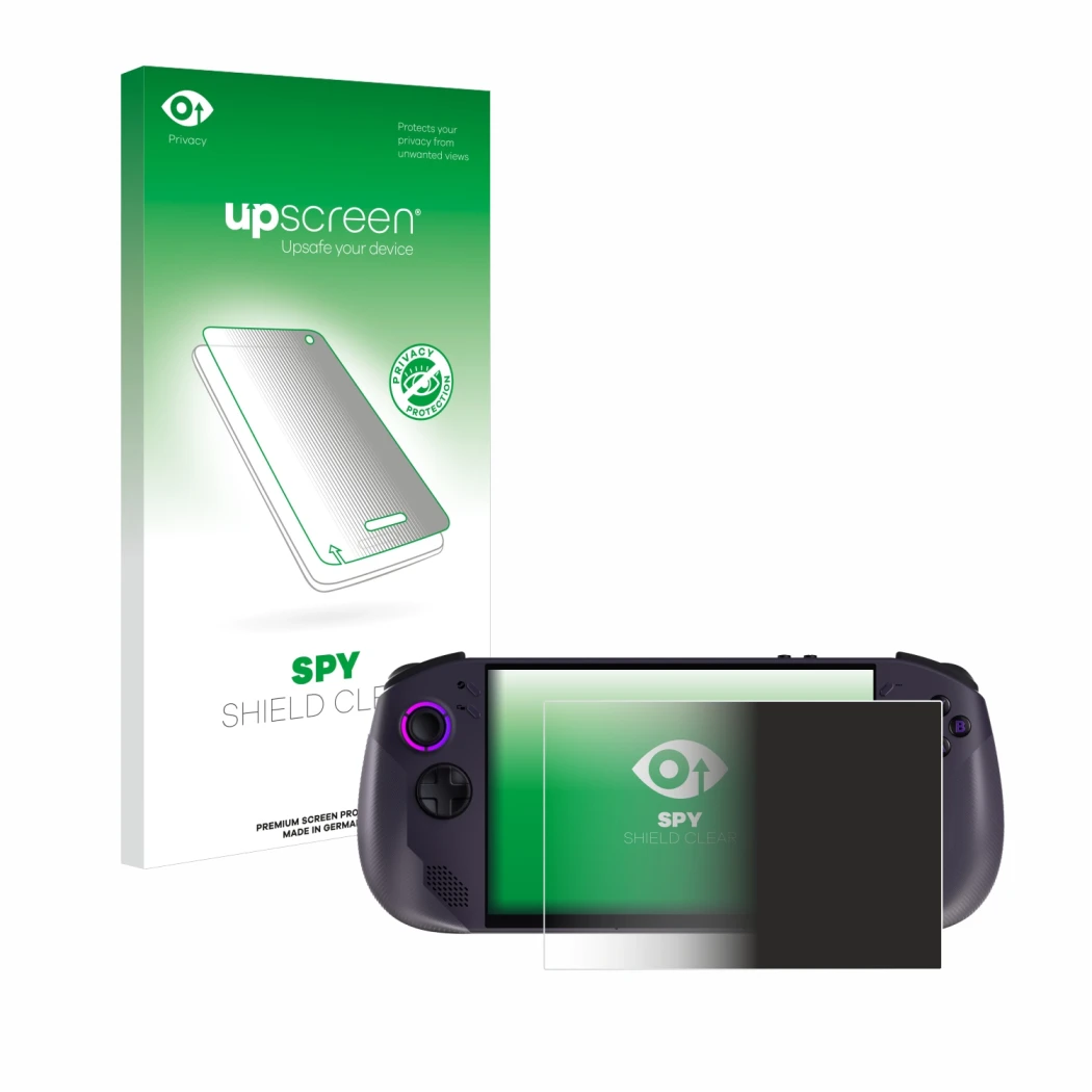 Face avant d’un emballage produit avec le logo de la marque upscreen. À côté, l’appareil Lenovo Legion Go S est représenté ave