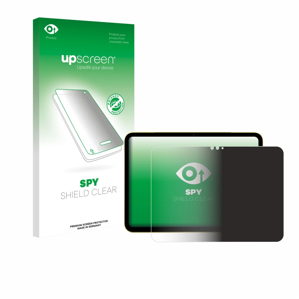 Face avant d’un emballage produit avec le logo de la marque upscreen. À côté, l’appareil Apple iPad Air 11