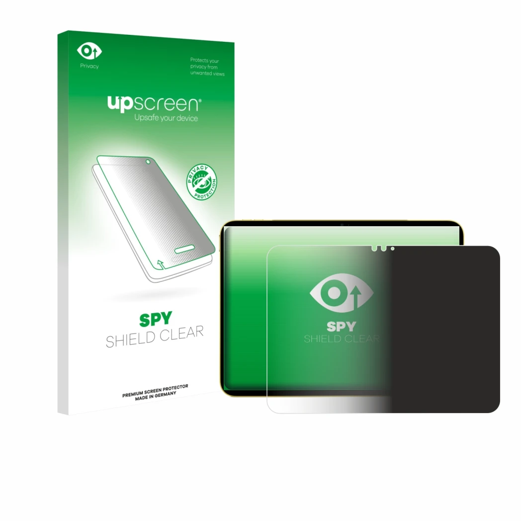 Face avant d’un emballage produit avec le logo de la marque upscreen. À côté, l’appareil Apple iPad Air 11