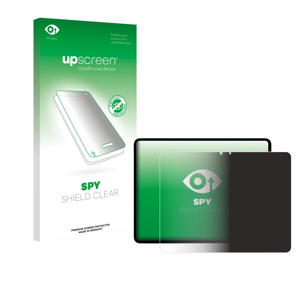 Face avant d’un emballage produit avec le logo de la marque upscreen. À côté, l’appareil Apple iPad Air 13