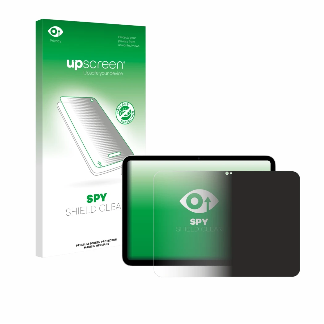 Face avant d’un emballage produit avec le logo de la marque upscreen. À côté, l’appareil Apple iPad A16 11