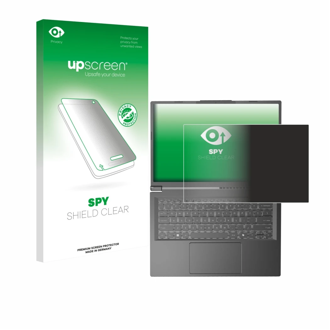 Face avant d’un emballage produit avec le logo de la marque upscreen. À côté, l’appareil Acer Aspire 14 AI est représenté avec