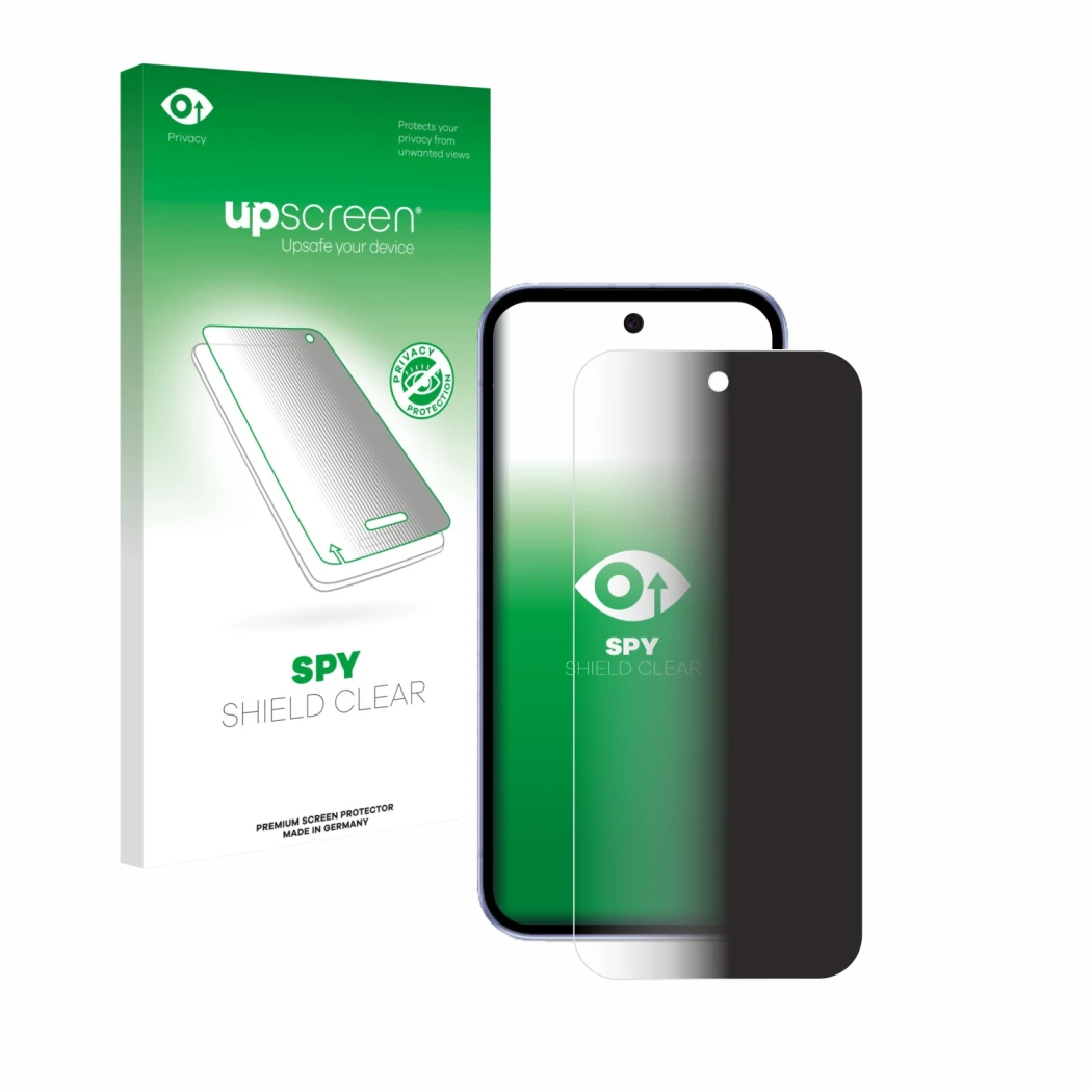 Face avant d’un emballage produit avec le logo de la marque upscreen. À côté, l’appareil Google Pixel 9a est représenté avec l