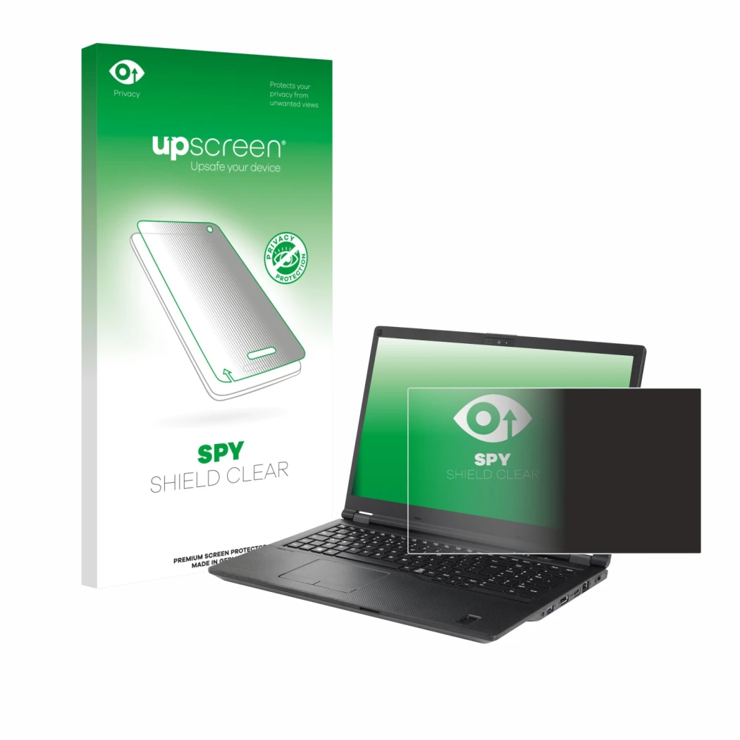Face avant d’un emballage produit avec le logo de la marque upscreen. À côté, l’appareil Fujitsu Lifebook U7511 est représenté