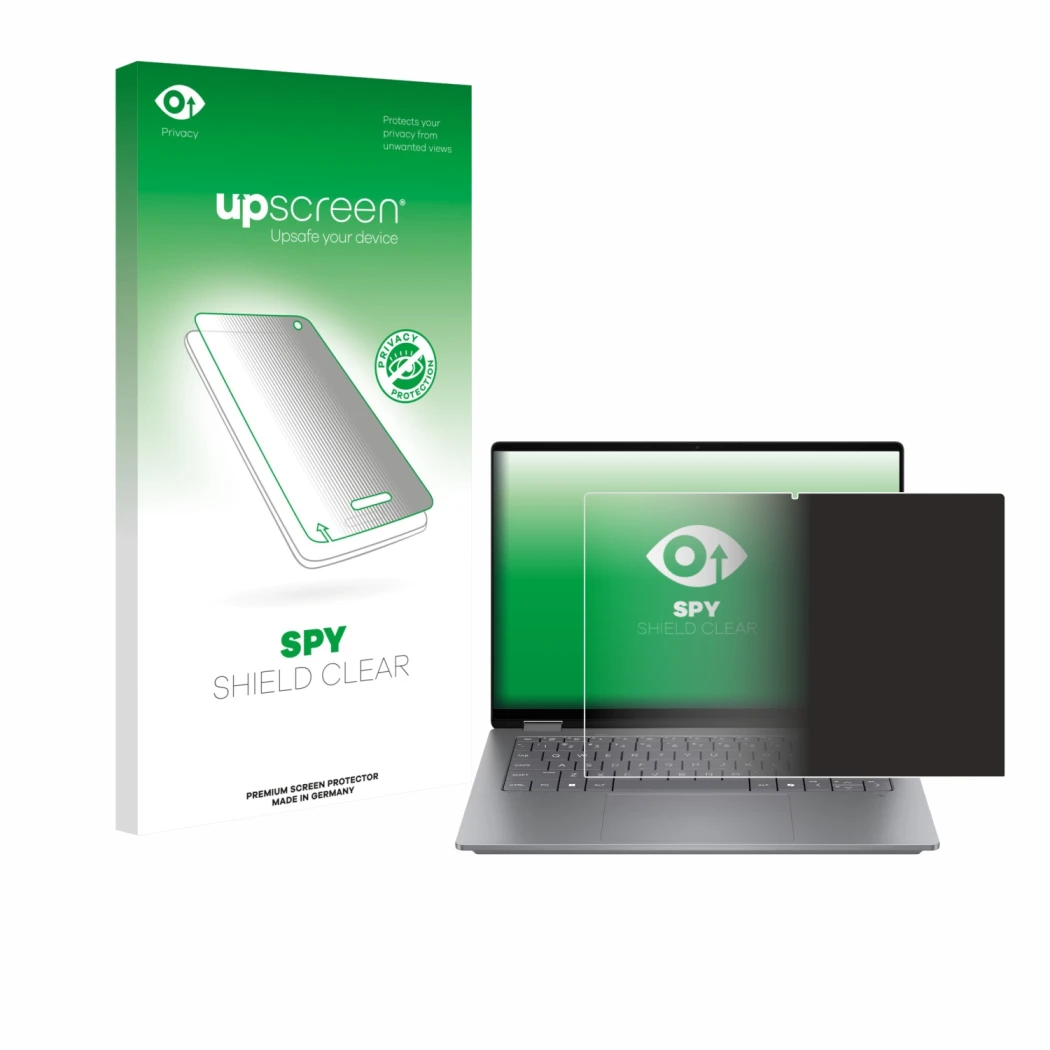 Face avant d’un emballage produit avec le logo de la marque upscreen. À côté, l’appareil HP OmniBook X Flip 14 est représenté 