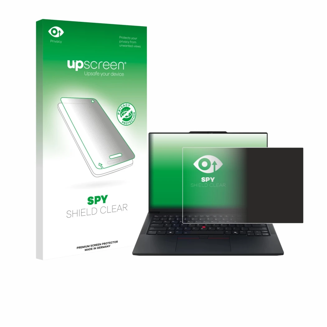 Face avant d’un emballage produit avec le logo de la marque upscreen. À côté, l’appareil Lenovo ThinkPad E14 Gen 7 est représe
