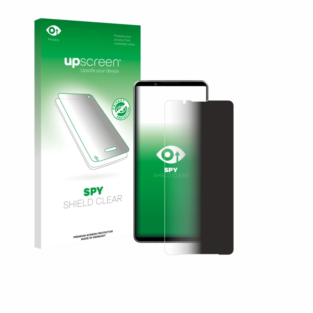 Face avant d’un emballage produit avec le logo de la marque upscreen. À côté, l’appareil Sony Xperia 1 VII est représenté avec