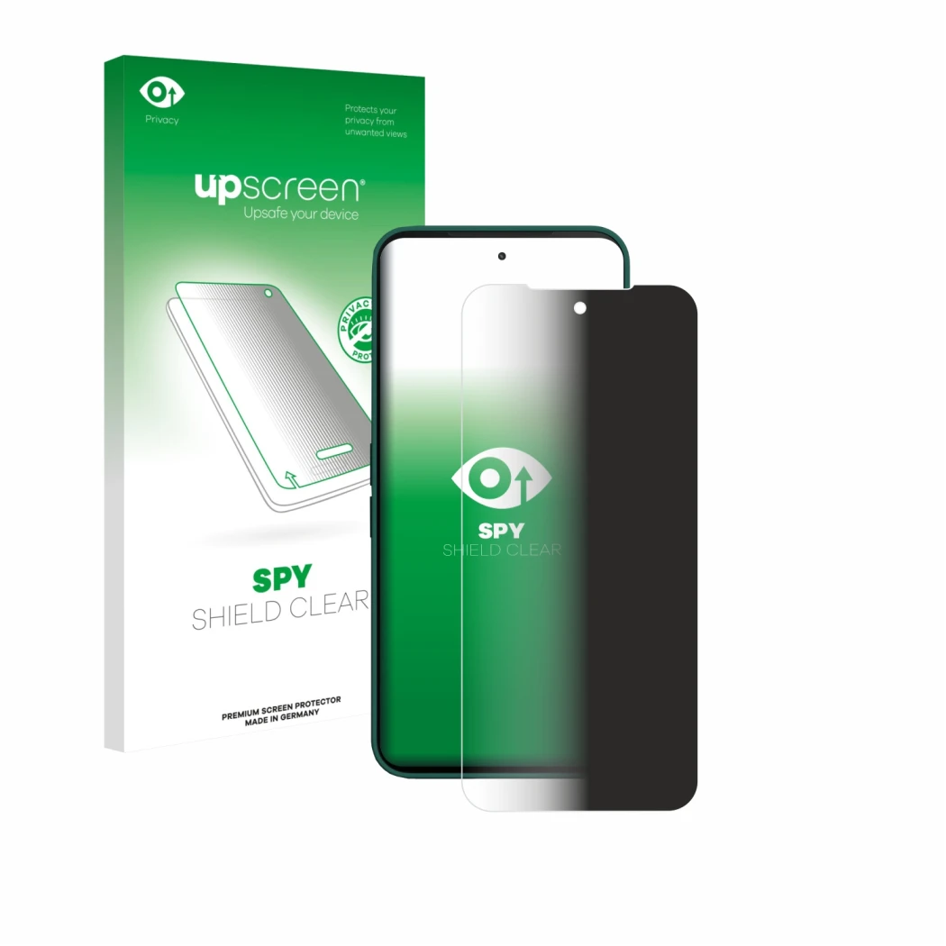 Face avant d’un emballage produit avec le logo de la marque upscreen. À côté, l’appareil Fairphone 6 est représenté avec la pr