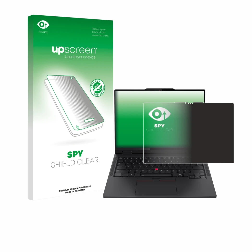 Face avant d’un emballage produit avec le logo de la marque upscreen. À côté, l’appareil Lenovo ThinkPad T14s 2-in-1 est repré