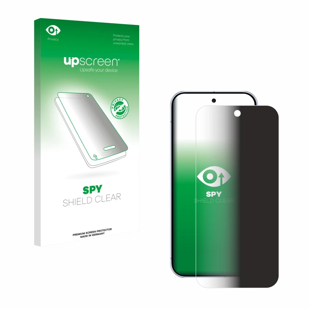 Face avant d’un emballage produit avec le logo de la marque upscreen. À côté, l’appareil Google Pixel 10 Pro est représenté av