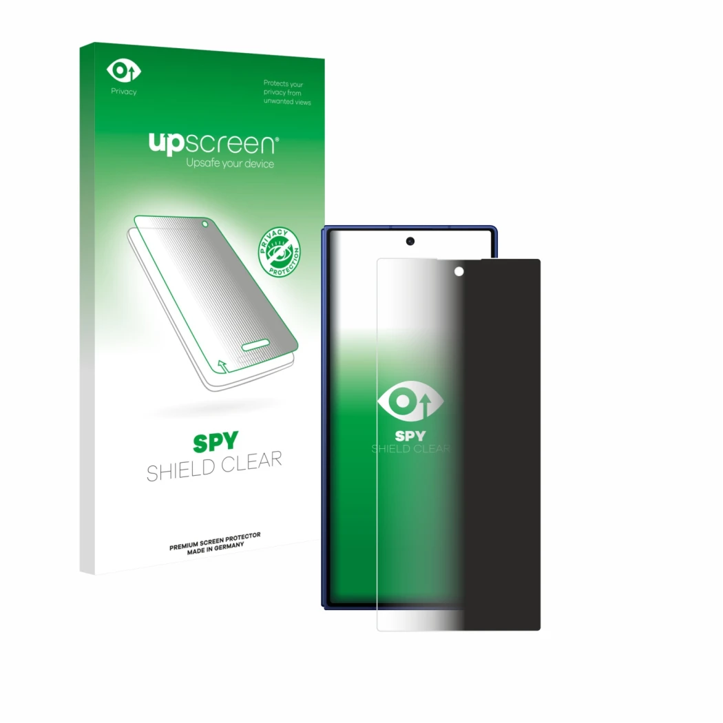 Face avant d’un emballage produit avec le logo de la marque upscreen. À côté, l’appareil Samsung Galaxy Z Fold 7 est représent