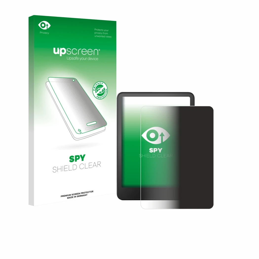 Face avant d’un emballage produit avec le logo de la marque upscreen. À côté, l’appareil Amazon Kindle Colorsoft est représent
