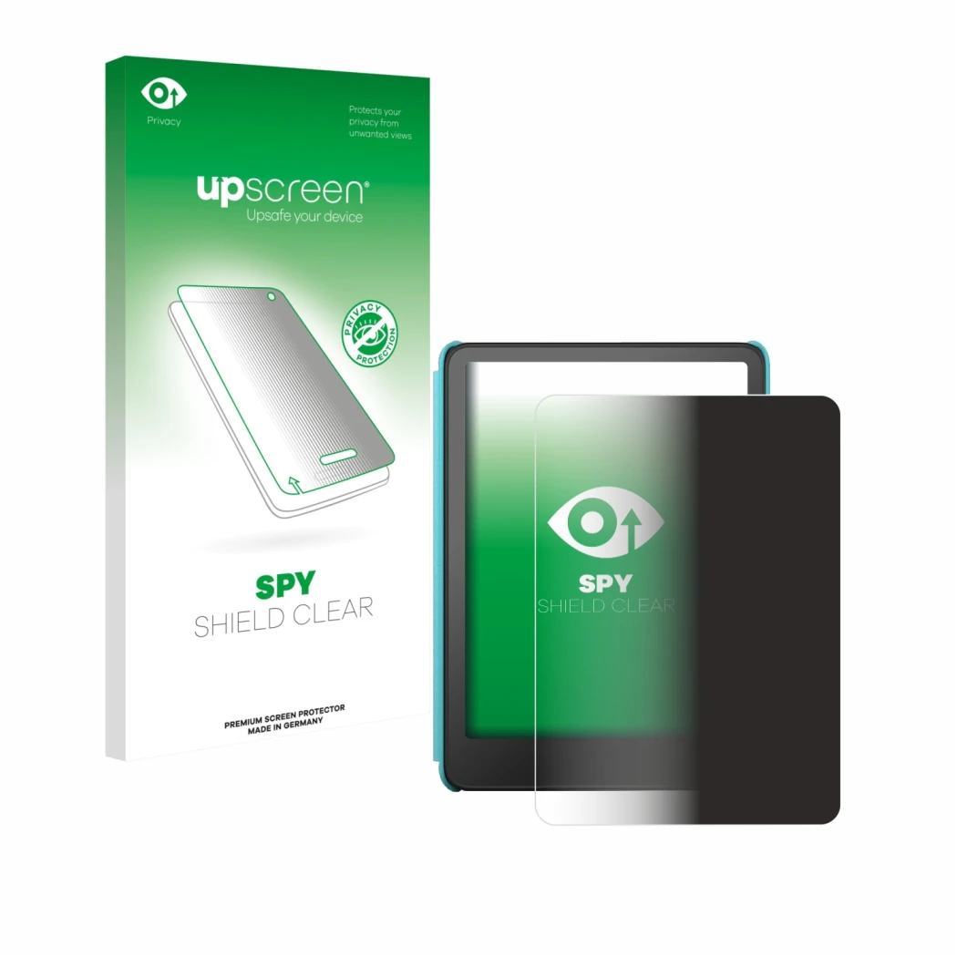 Face avant d’un emballage produit avec le logo de la marque upscreen. À côté, l’appareil Amazon Kindle Colorsoft Kids est repr