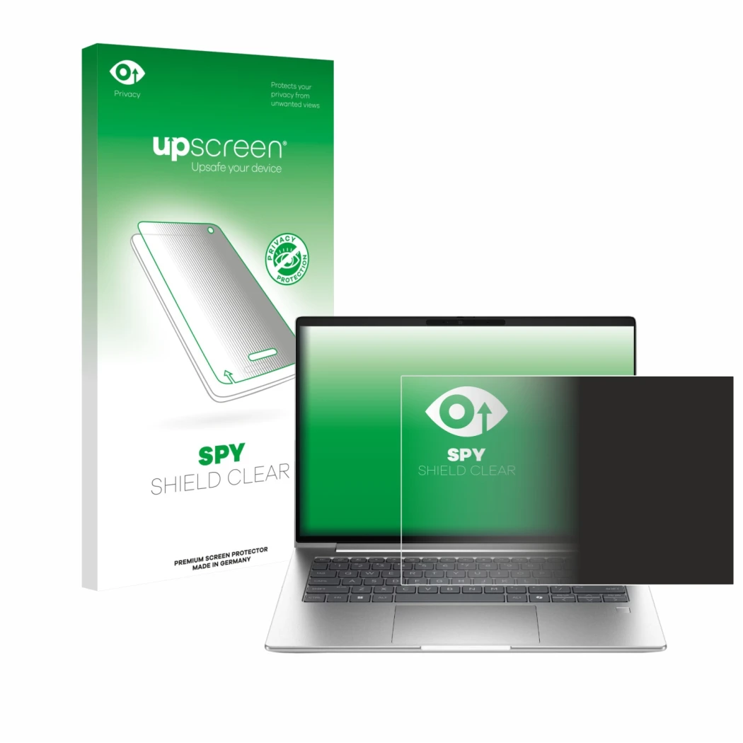 Face avant d’un emballage produit avec le logo de la marque upscreen. À côté, l’appareil HP ProBook 4 G1i 16