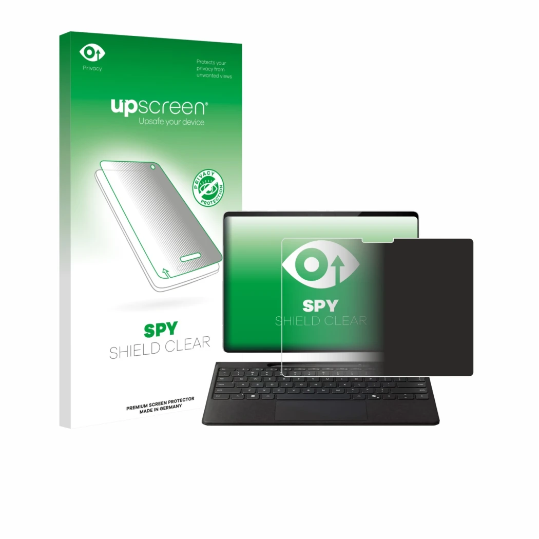 Face avant d’un emballage produit avec le logo de la marque upscreen. À côté, l’appareil Microsoft Surface Pro Copilot+ 13