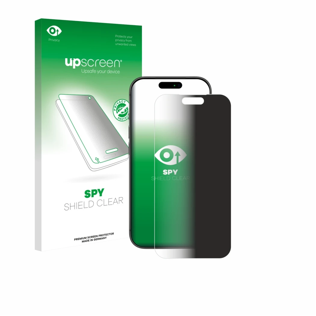 Face avant d’un emballage produit avec le logo de la marque upscreen. À côté, l’appareil Apple iPhone 17 Pro Max est représent