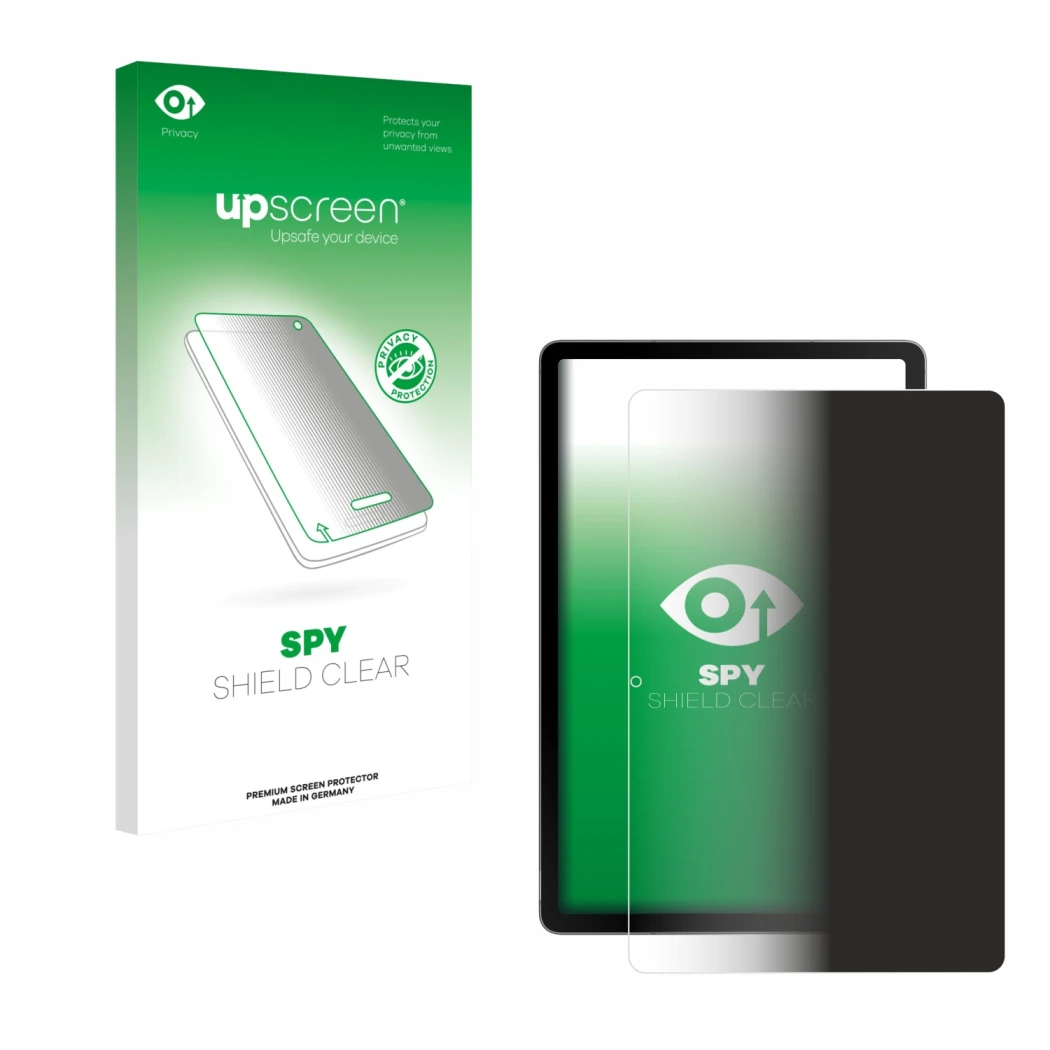 Face avant d’un emballage produit avec le logo de la marque upscreen. À côté, l’appareil Samsung Galaxy Tab S10 Lite (portrait