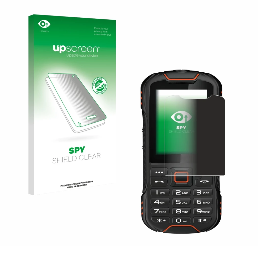 Face avant d’un emballage produit avec le logo de la marque upscreen. À côté, l’appareil Gigaset GLX8 est représenté avec la p