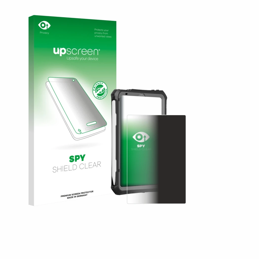 Face avant d’un emballage produit avec le logo de la marque upscreen. À côté, l’appareil Apple iPad Mini 7 2024 (case-friendly