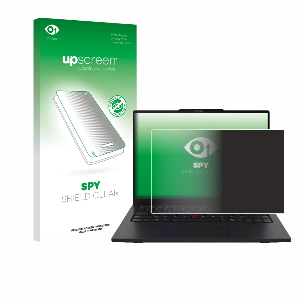 Face avant d’un emballage produit avec le logo de la marque upscreen. À côté, l’appareil Lenovo ThinkPad L13 Gen 6 est représe