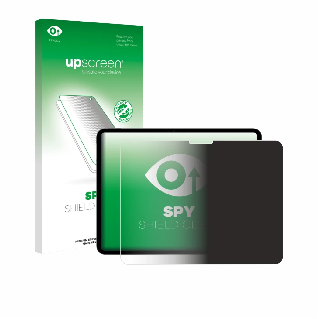 Face avant d’un emballage produit avec le logo de la marque upscreen. À côté, l’appareil Apple iPad Pro 13