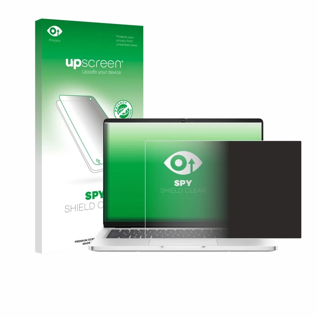 Face avant d’un emballage produit avec le logo de la marque upscreen. À côté, l’appareil Dell Pro 14 Premium PA14250 Non-Touch