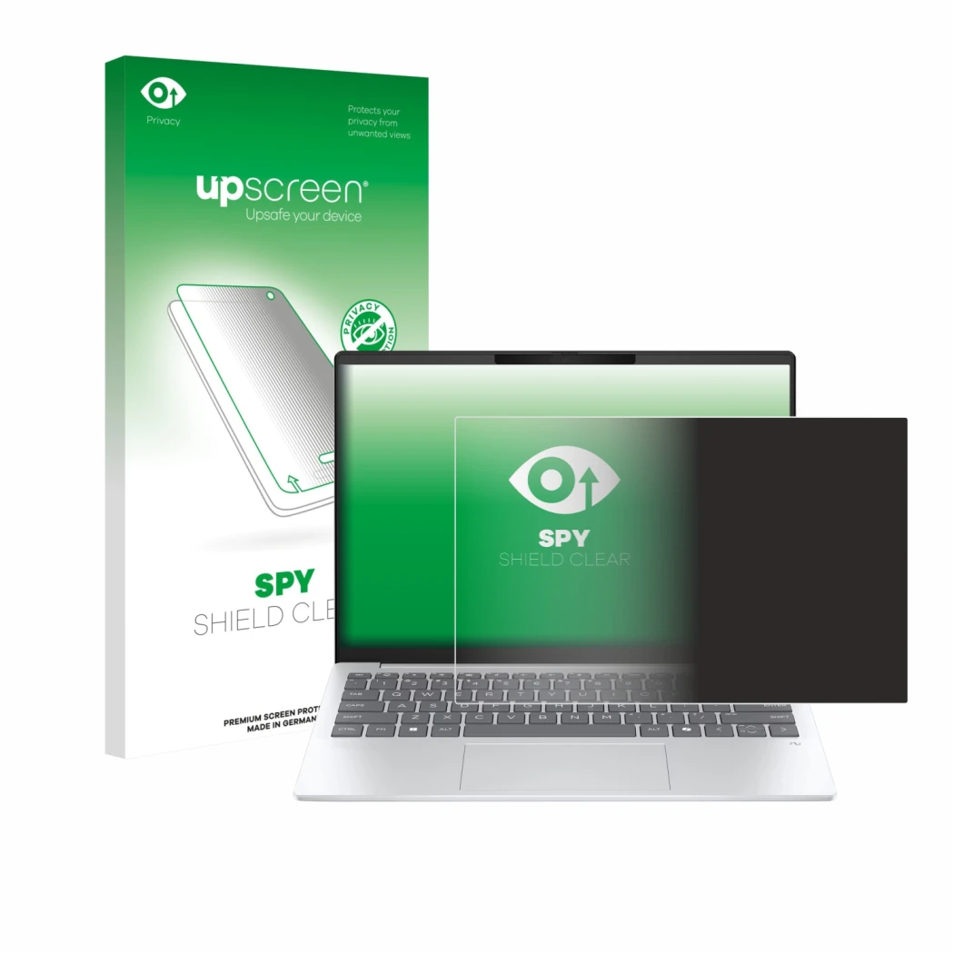 Face avant d’un emballage produit avec le logo de la marque upscreen. À côté, l’appareil HP OmniBook 7 Aero 13 est représenté