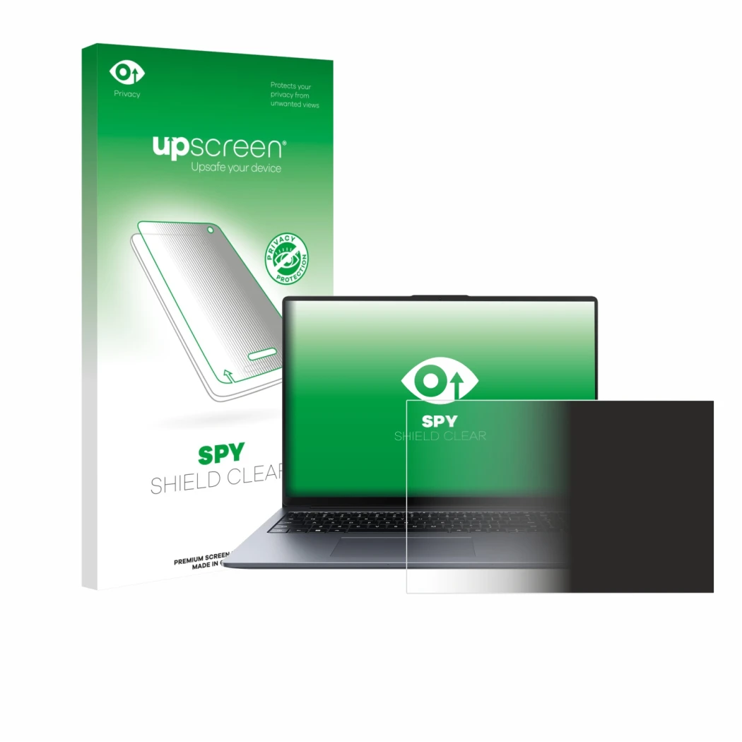 Face avant d’un emballage produit avec le logo de la marque upscreen. À côté, l’appareil Huawei MateBook D 16 2024 est représe