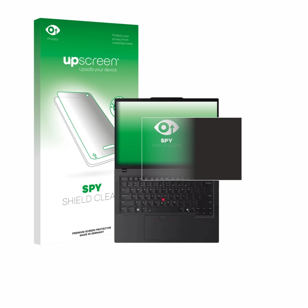 Face avant d’un emballage produit avec le logo de la marque upscreen. À côté, l’appareil Lenovo ThinkPad P14s Gen 6 14.5