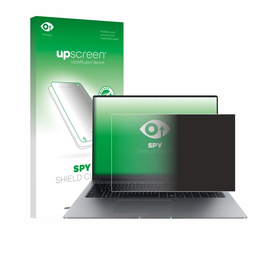 Face avant d’un emballage produit avec le logo de la marque upscreen. À côté, l’appareil Honor MagicBook X16 Plus 2025 est rep