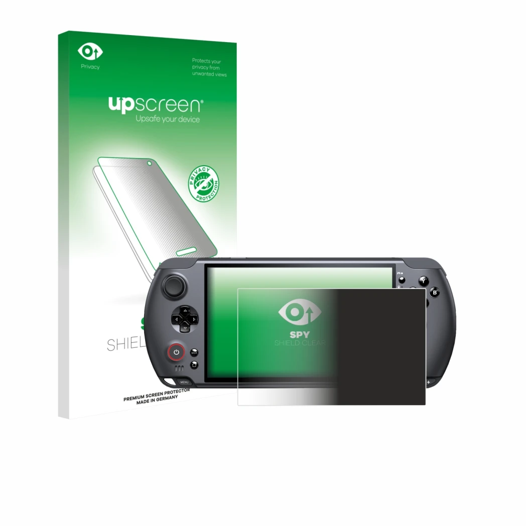 Face avant d’un emballage produit avec le logo de la marque upscreen. À côté, l’appareil GPD Win 5 est représenté avec la prot