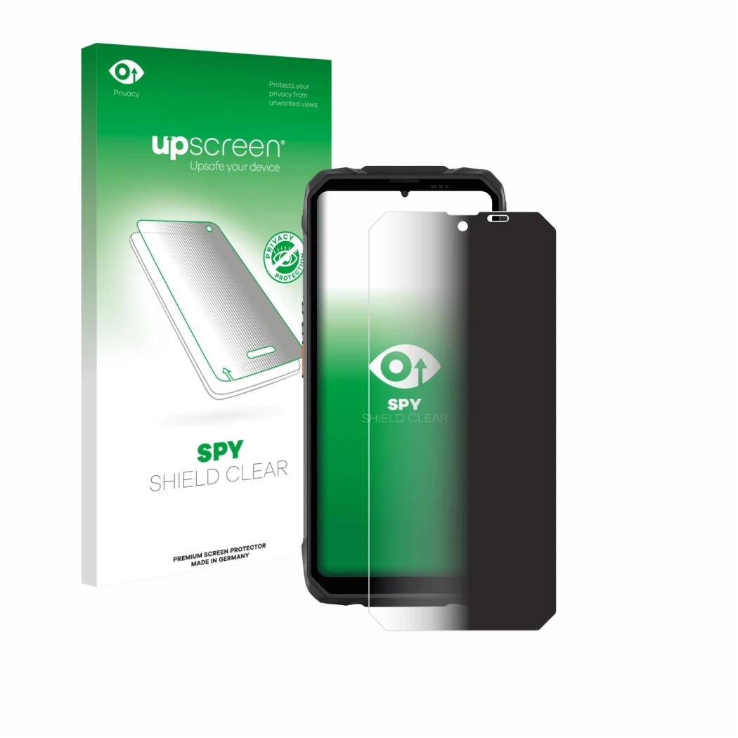 Face avant d’un emballage produit avec le logo de la marque upscreen. À côté, l’appareil Blackview Rock 1 est représenté avec 