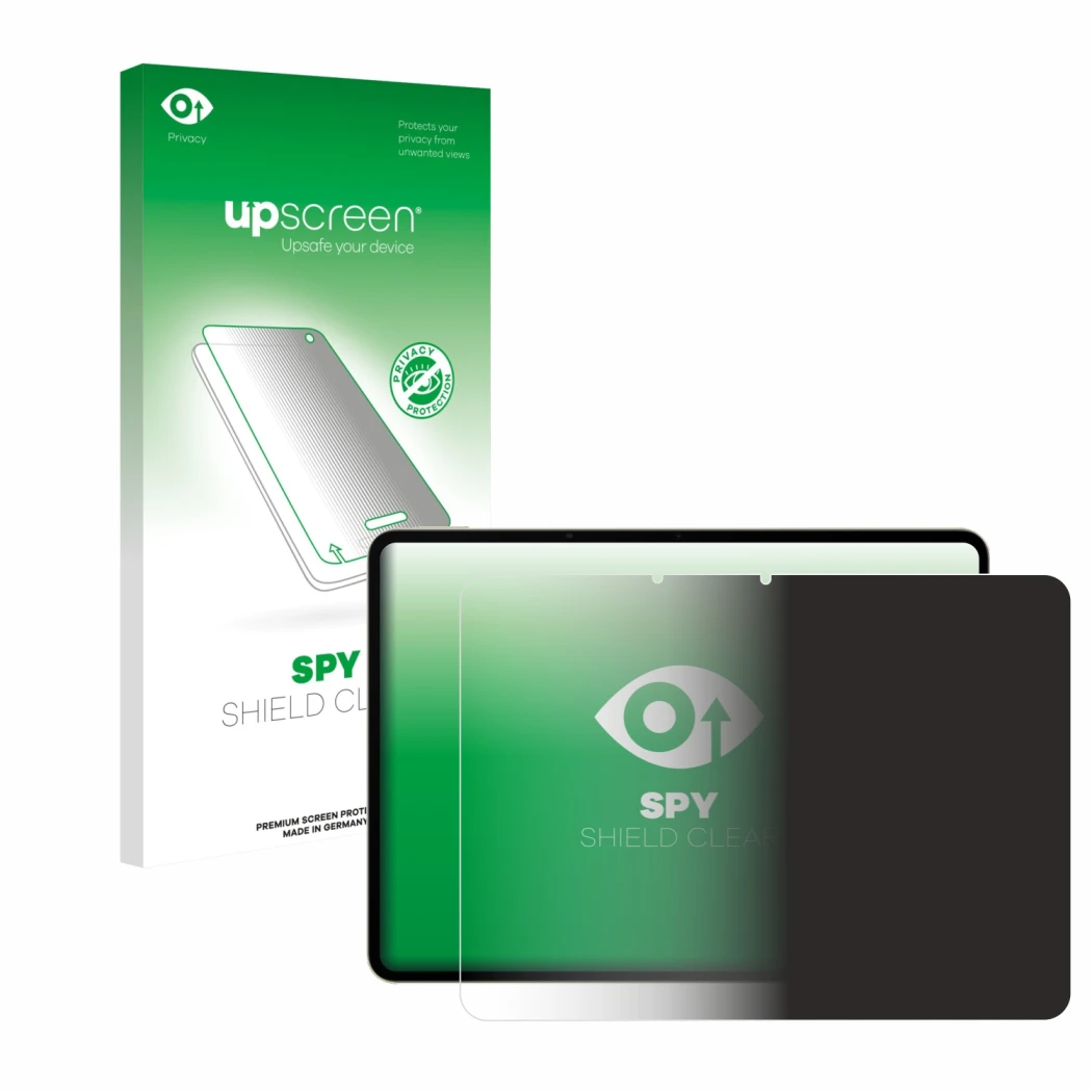 Face avant d’un emballage produit avec le logo de la marque upscreen. À côté, l’appareil realme Pad 3 est représenté avec la p